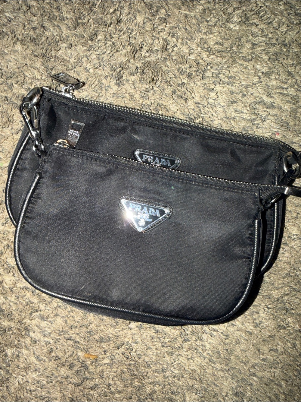 “Prada”Black Nylon double clutch detachable with Silver-Tone Logo